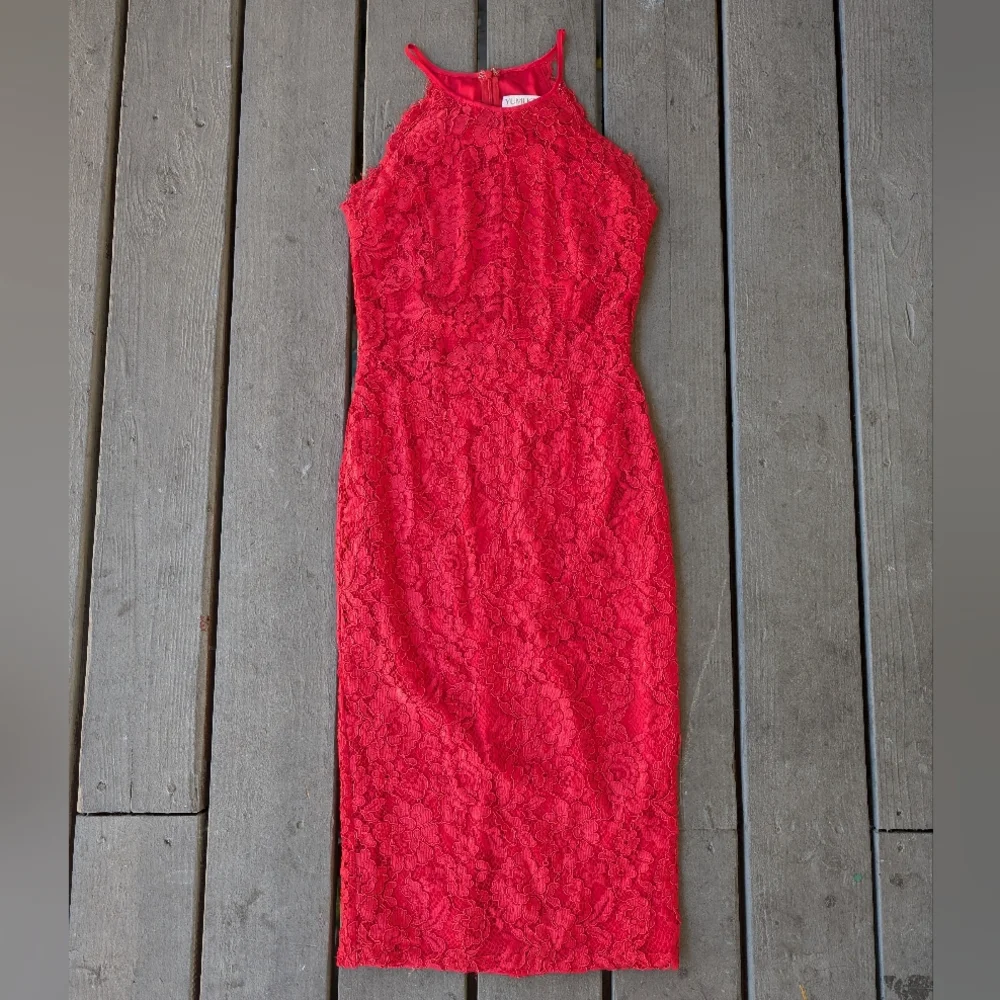 Yumi‎ Kim Red Lace Halter Fitted Bodycon Sheath Dress S Cocktail - Picture 3 of 8